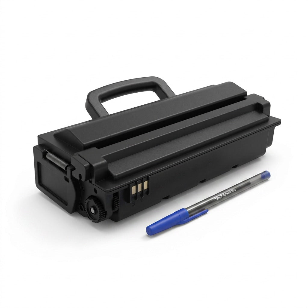 Elevate Imaging HP CE505A (05A) black toner cartridge shown beside a blue ballpoint pen for scale.