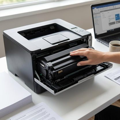 Installing Elevate Imaging HP CE505A remanufactured toner into a LaserJet printer in an office.
