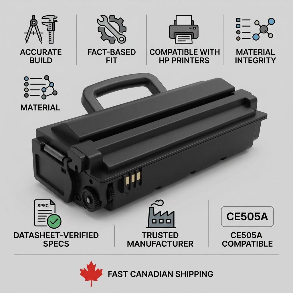 Elevate Imaging HP CE505A toner infographic showing build quality, fit, and fast Canadian shipping.