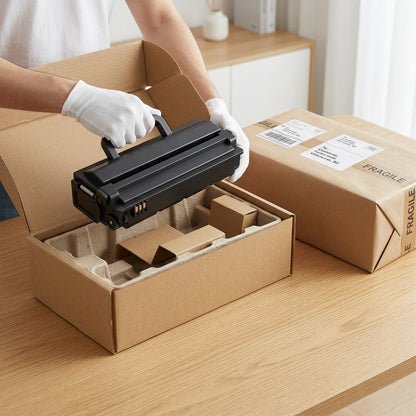 Unboxing the Elevate Imaging HP CE505A (05A) toner cartridge from secure, protective packaging.