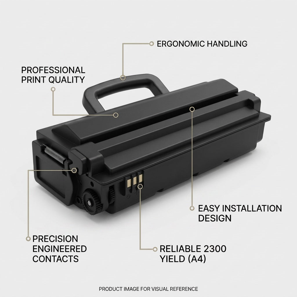 Elevate Imaging HP CE505A remanufactured toner highlighting cartridge features and 2,300-page yield.