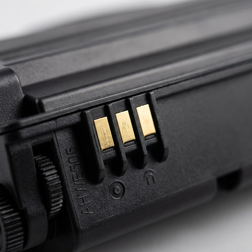 Macro detail of the gold-plated contact points on an Elevate Imaging HP CE505A toner cartridge.
