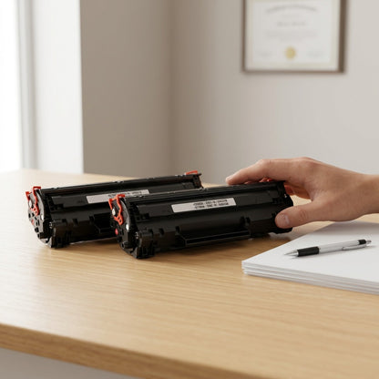 A hand touches an Elevate Imaging HP W1470X toner cartridge on a desk for scale comparison.