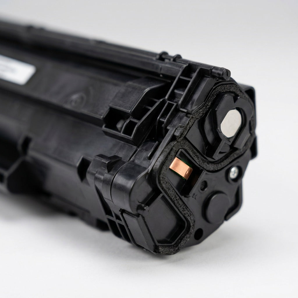 Macro detail of the contact chip and side housing on an Elevate Imaging HP W1470X toner cartridge.