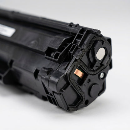 Macro detail of the contact chip and side housing on an Elevate Imaging HP W1470X toner cartridge.