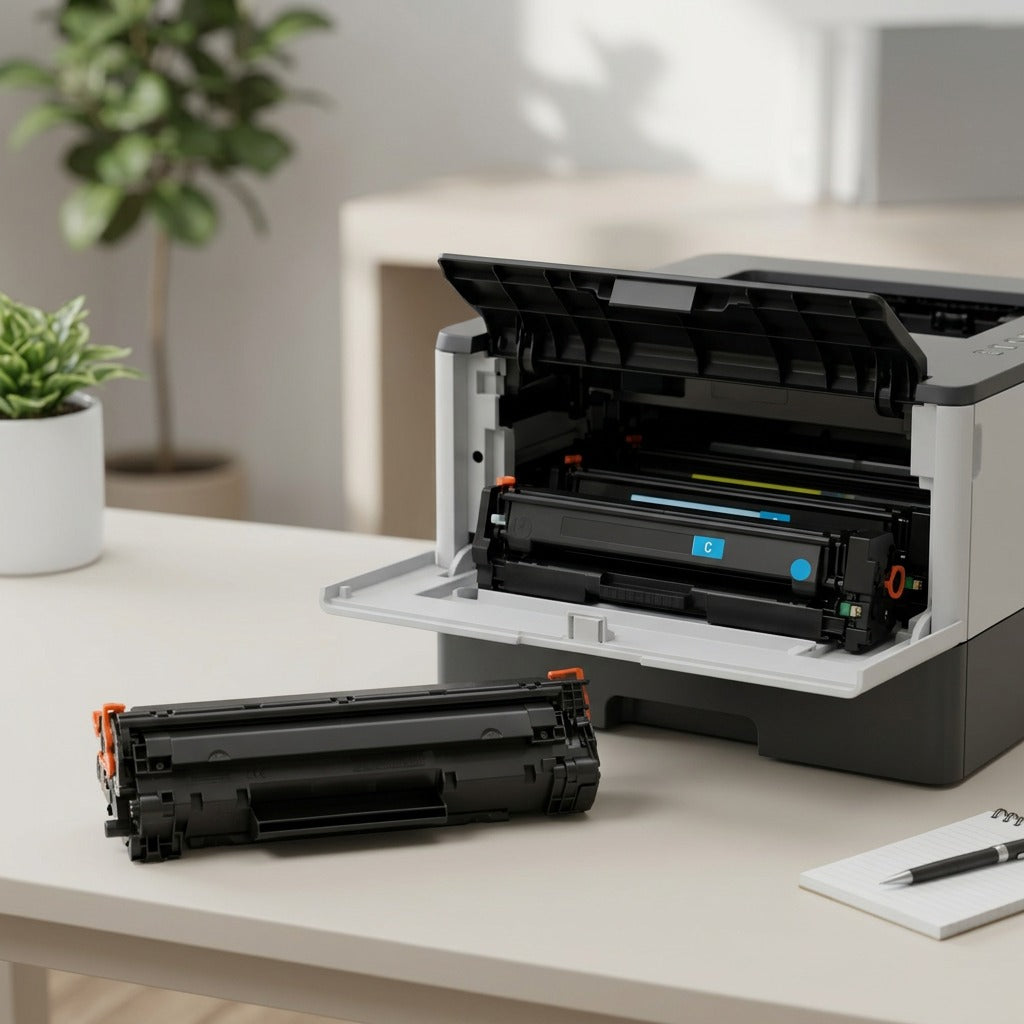 A black Elevate Imaging HP W1470X compatible toner cartridge on a desk next to an open laser printer.