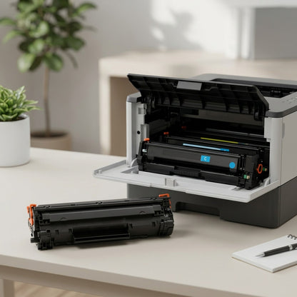 A black Elevate Imaging HP W1470X compatible toner cartridge on a desk next to an open laser printer.