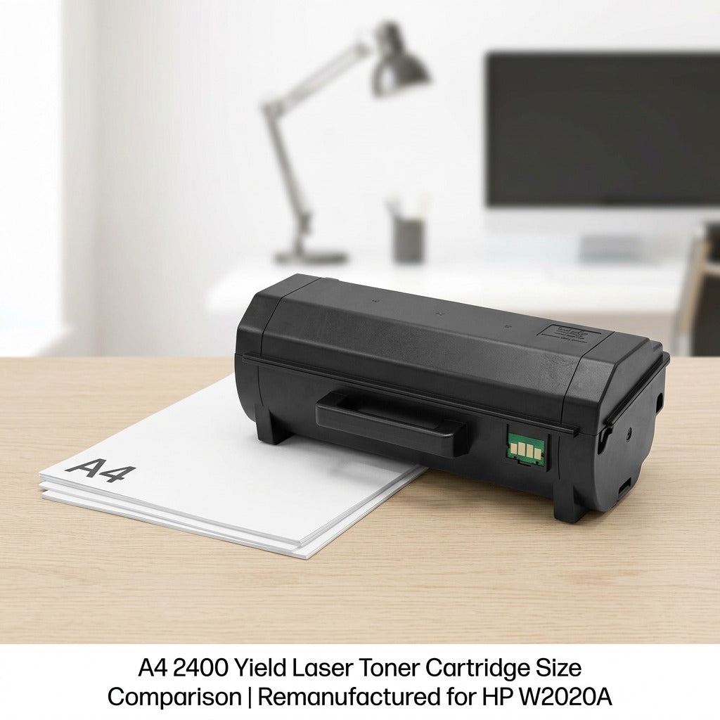 Elevate Imaging HP W2020A black toner cartridge shown beside A4 paper on a desk for size reference.