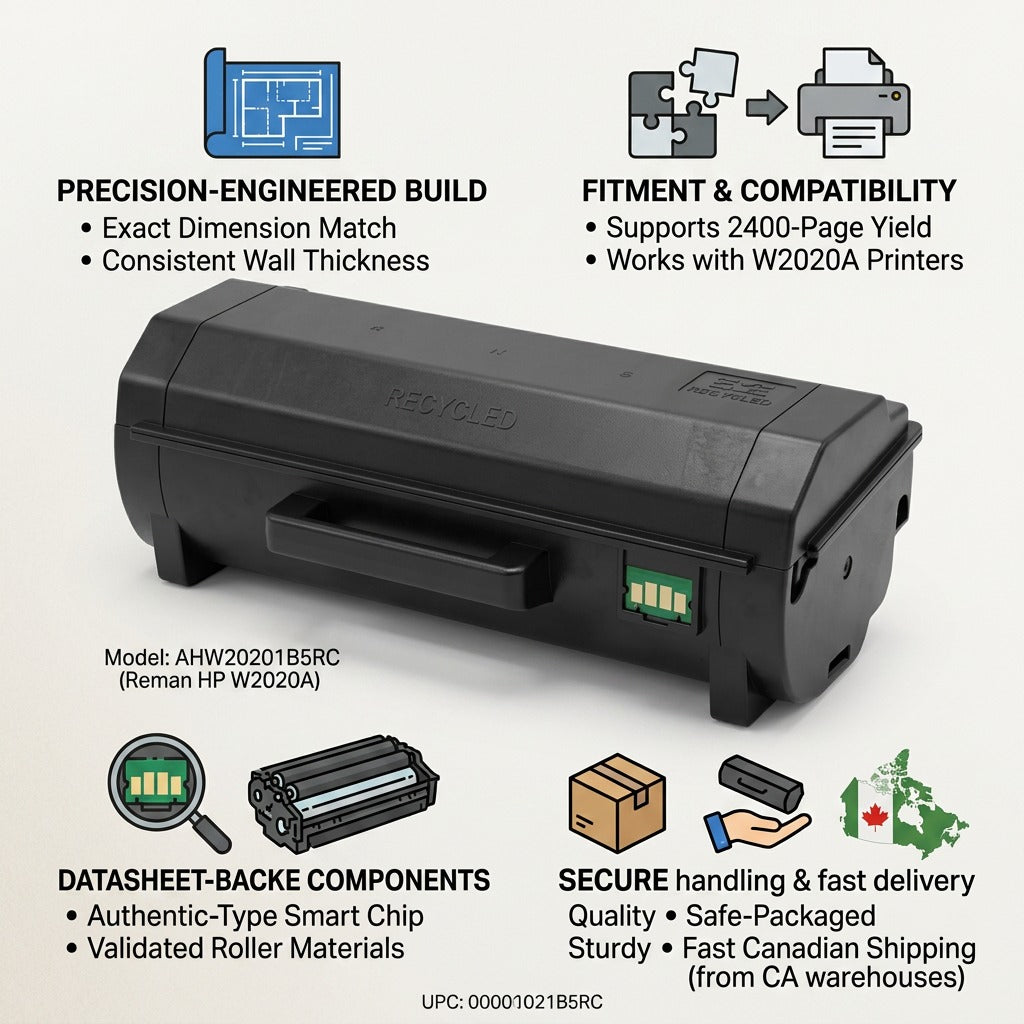 Infographic for Elevate Imaging HP W2020A toner showing build quality, fitment, and fast CA shipping.