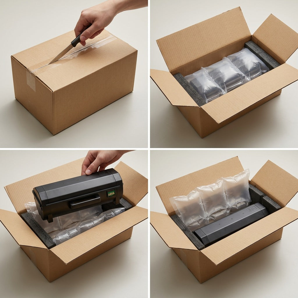 Four-step unboxing of Elevate Imaging HP 414A black toner with secure foam and air-bag packaging.