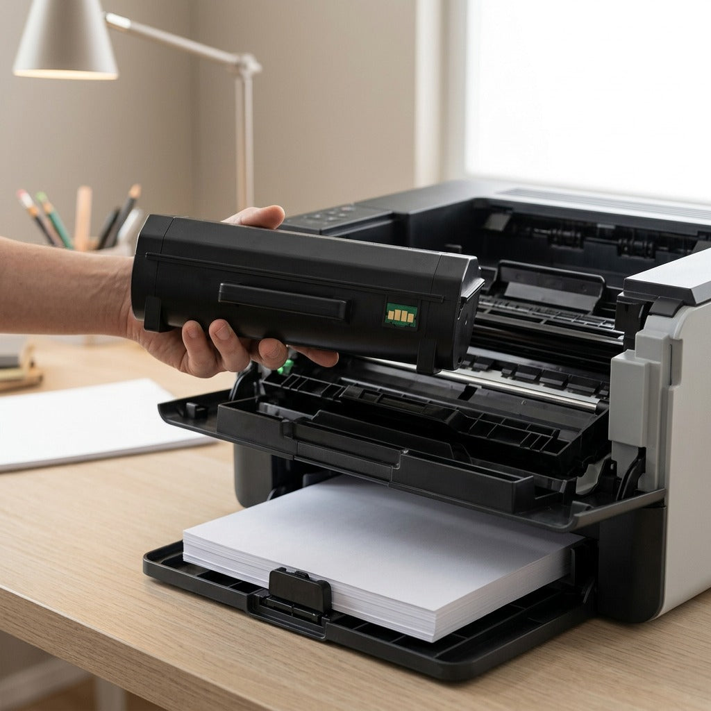 Person installing Elevate Imaging HP 414A (W2020A) black laser toner cartridge into a desk printer.