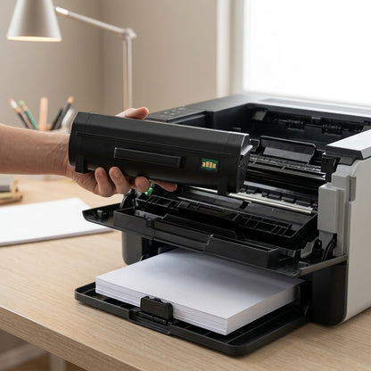Person installing Elevate Imaging HP 414A (W2020A) black laser toner cartridge into a desk printer.