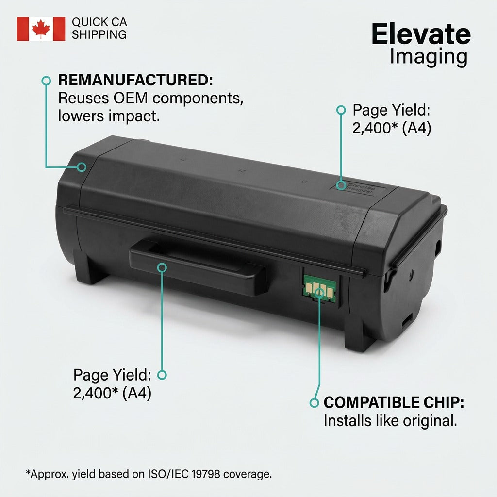 Elevate Imaging remanufactured HP 414A black toner cartridge showing 2,400 page yield and chip.