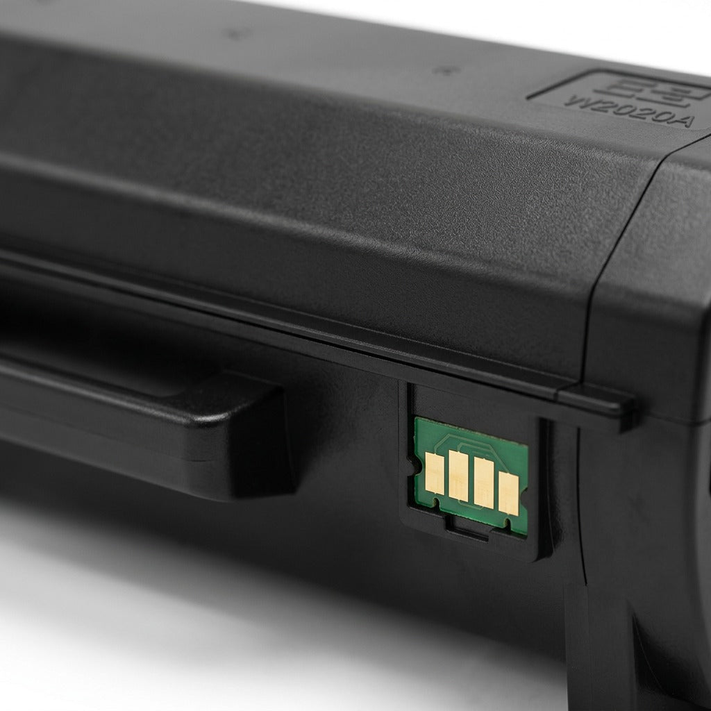 Macro detail of the gold-plated contact chip on an Elevate Imaging HP 414A (W2020A) black toner.