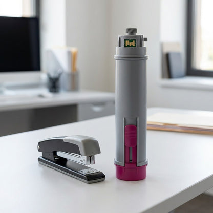 Elevate Imaging GPR-55-M magenta toner cartridge standing beside a desk stapler for scale.