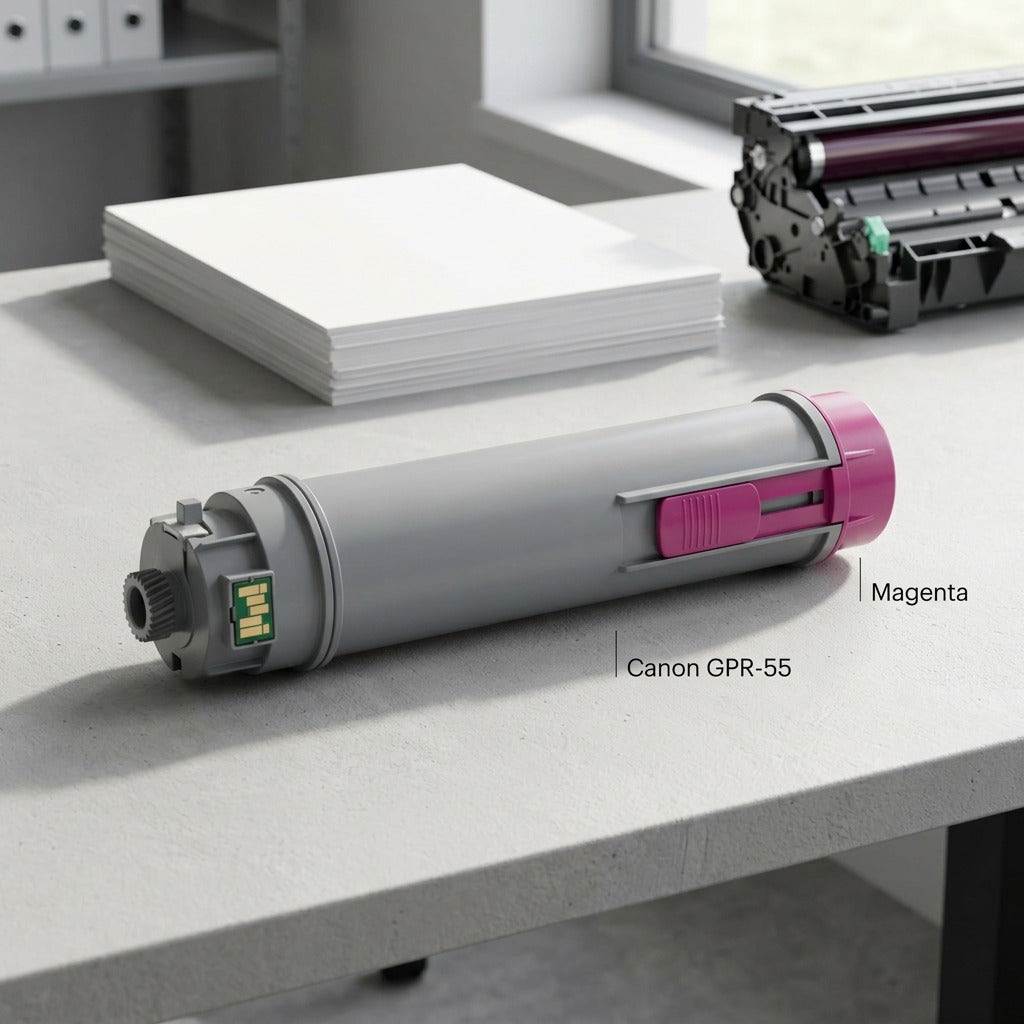 Elevate Imaging Canon GPR-55-M magenta toner cartridge on a desk with papers in an office setting.