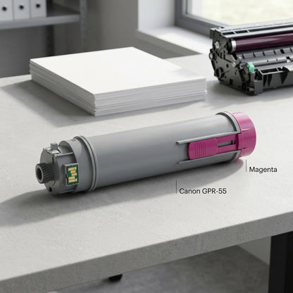 Elevate Imaging Canon GPR-55-M magenta toner cartridge on a desk with papers in an office setting.