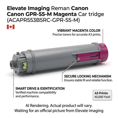 Elevate Imaging GPR-55-M Magenta Toner cartridge showing smart drive and secure locking mechanism.