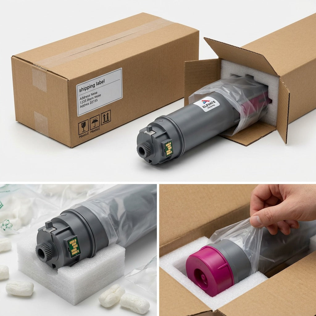 Elevate Imaging GPR-55-M magenta toner unboxed from protective shipping materials and foam.