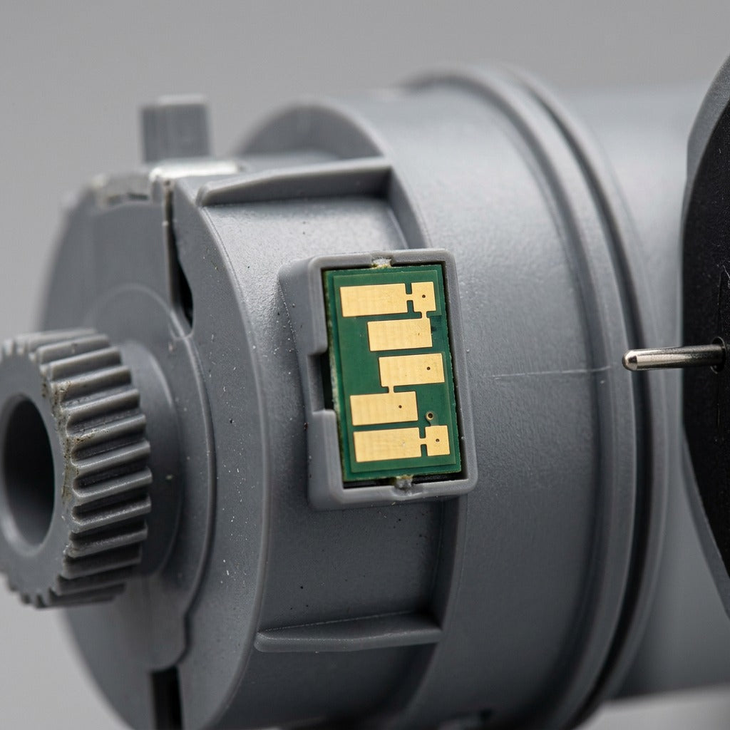 Macro detail of the gold electronic chip and drive gear on a GPR-55-M magenta toner cartridge.