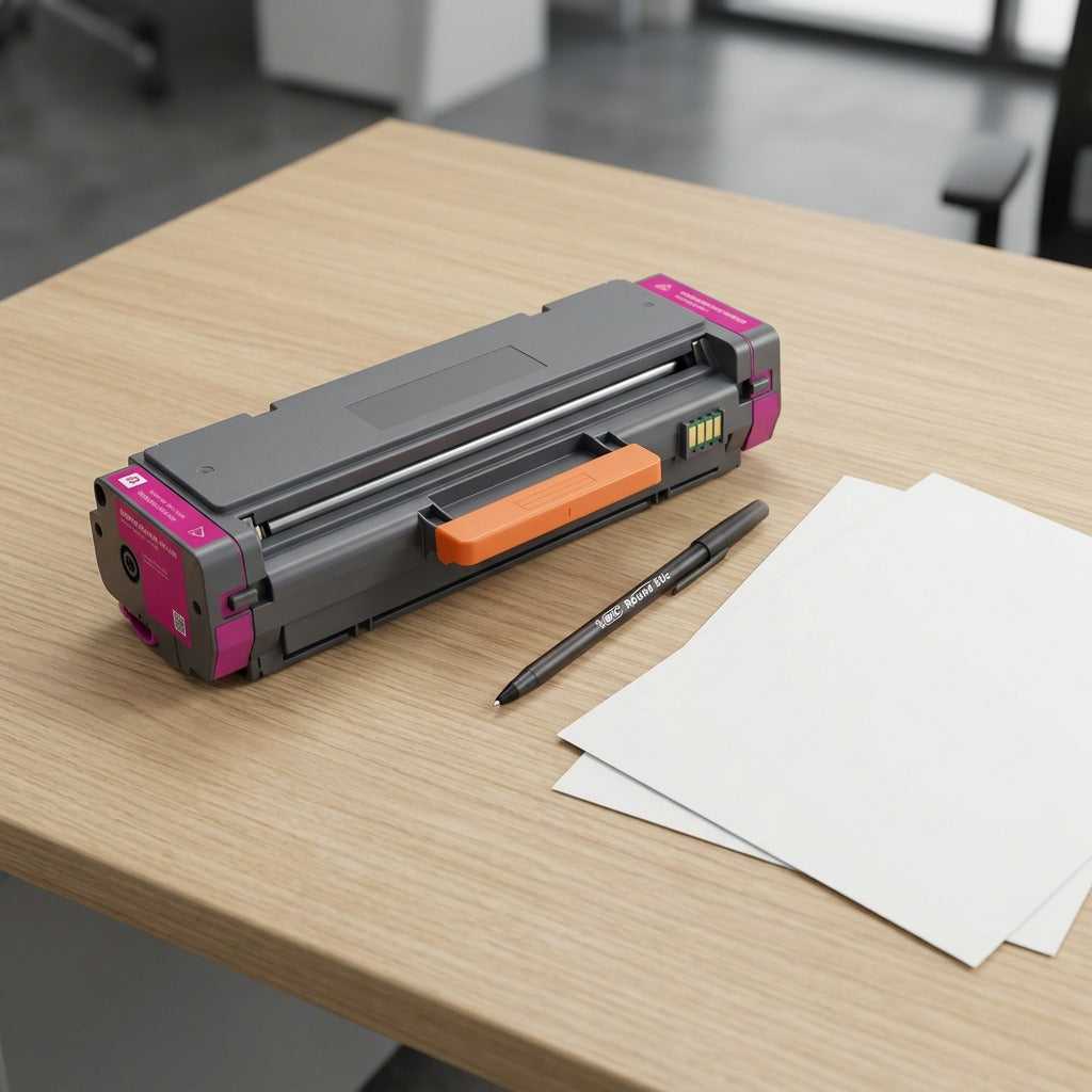 Elevate Imaging HP W2113X (206X) magenta toner cartridge shown on a desk next to a pen for scale.