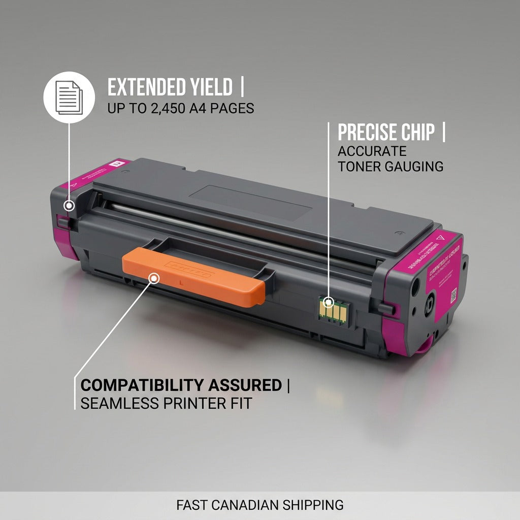 Elevate Imaging HP W2113X magenta toner with callouts for 2,450 page yield, chip, and printer fit.
