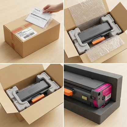 Elevate Imaging HP W2113X magenta toner securely packed in a shipping box with protective foam.