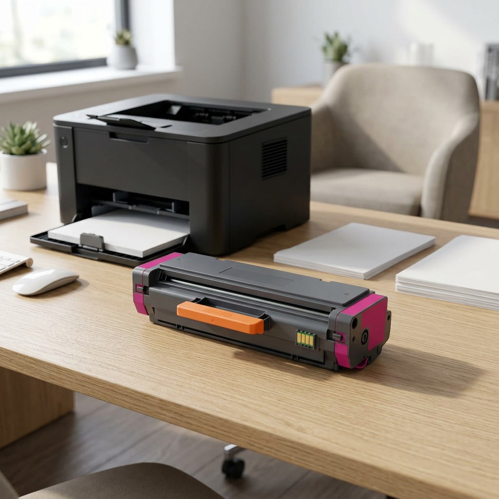 Elevate Imaging magenta 206X high-yield toner cartridge on a wooden desk next to a laser printer.