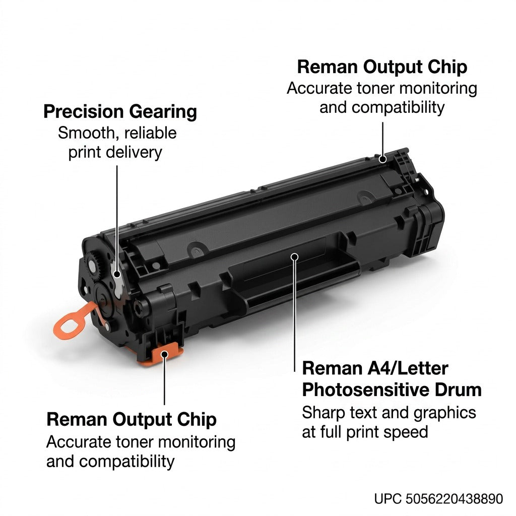 Elevate Imaging HP CE278A toner cartridge diagram showing precision gearing and output chip.