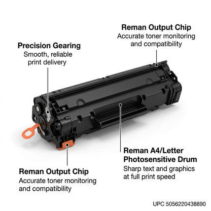 Elevate Imaging HP CE278A toner cartridge diagram showing precision gearing and output chip.