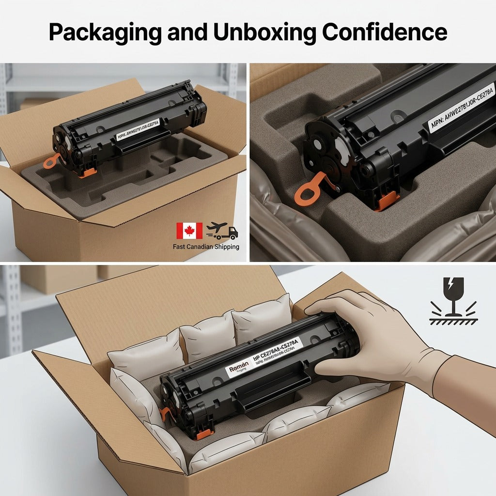 Elevate Imaging HP CE278A toner securely packed in a box with air pillows and protective inserts.