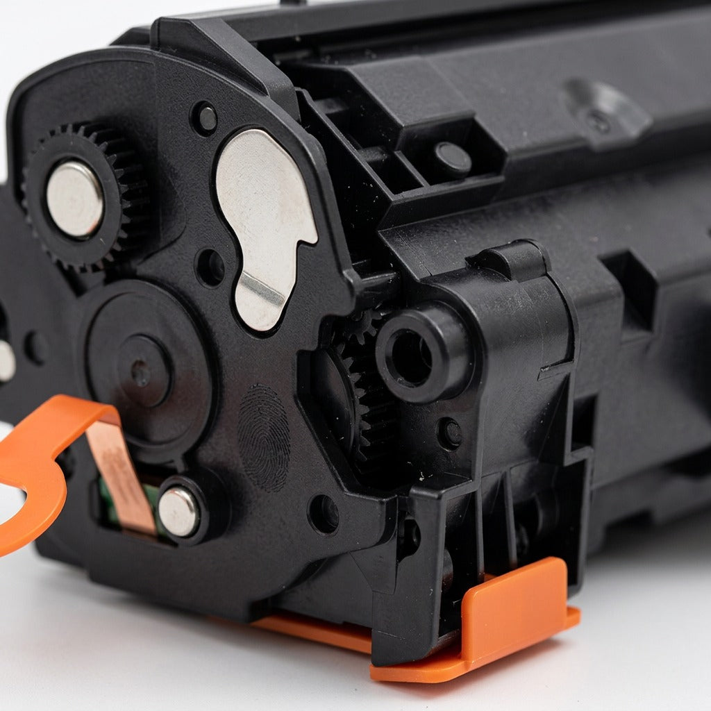 Macro detail of Elevate Imaging HP CE278A toner cartridge showing side gears and orange pull tab.