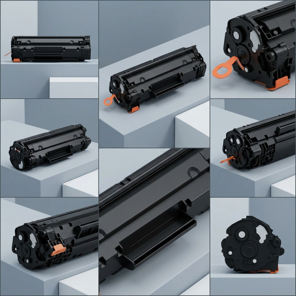 Grid showing multiple angles and hardware details of the Elevate Imaging HP CE278A (78A) black toner.