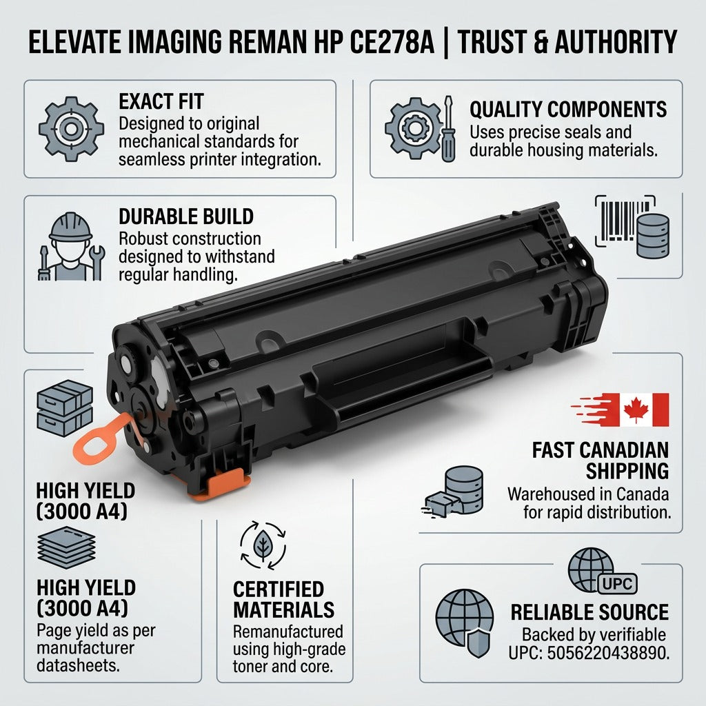Trust infographic for Elevate Imaging HP CE278A toner, highlighting 3000 yield and Canadian shipping.