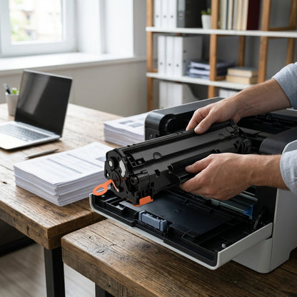 Person installing an Elevate Imaging HP CE278A (78A) black toner cartridge into a laser printer.