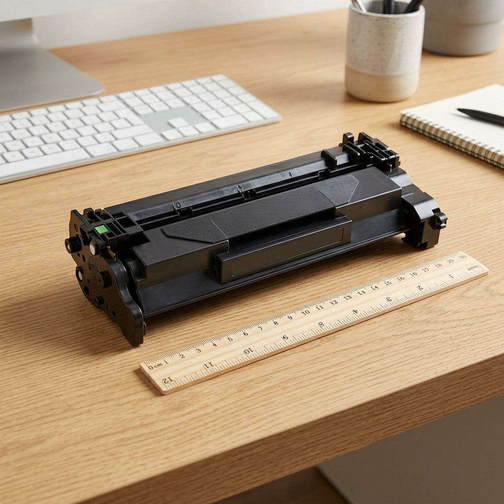 Elevate Imaging compatible HP CF226A toner cartridge on a desk next to a ruler for scale.