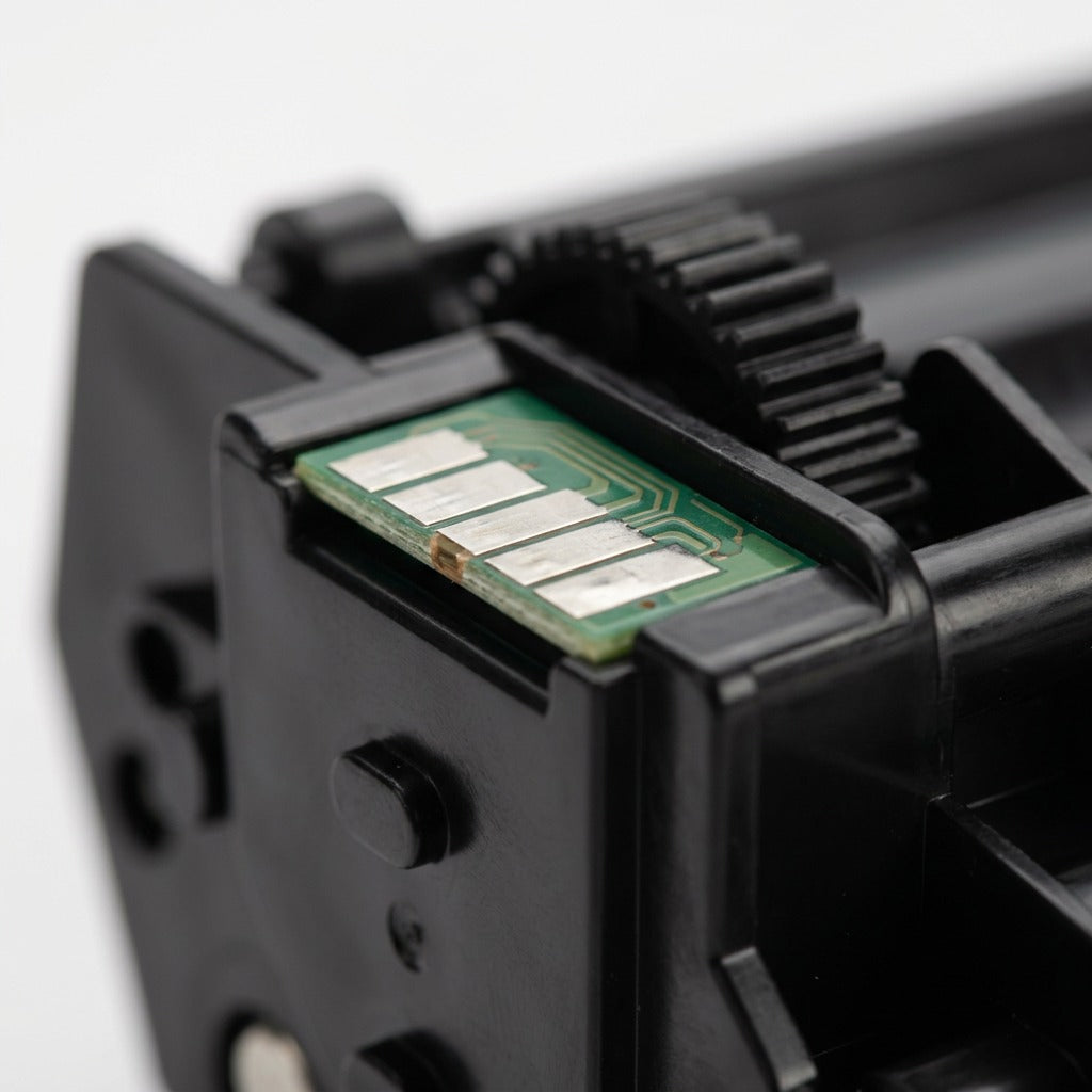 Macro detail of the contact chip and gear on an Elevate Imaging compatible HP CF226A toner cartridge.