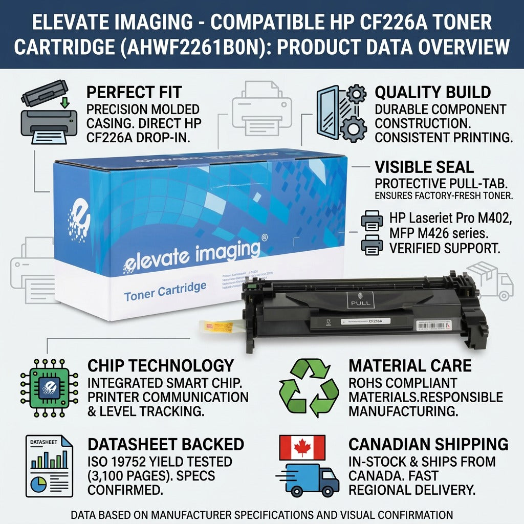 Elevate Imaging HP CF226A toner infographic showing fit, chip tech, and fast Canadian shipping.