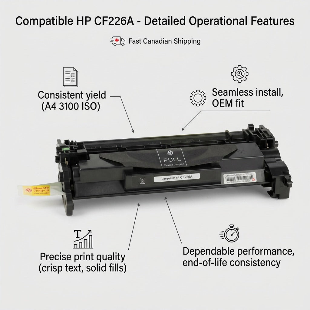 Operational features of Elevate Imaging compatible HP CF226A toner highlighting 3100 page yield.