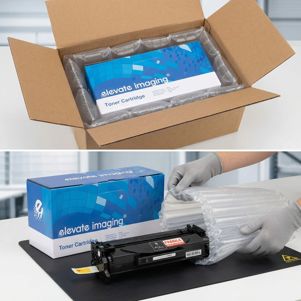 Elevate Imaging HP CF226A toner box secure in shipping box with air pillow protective packaging.