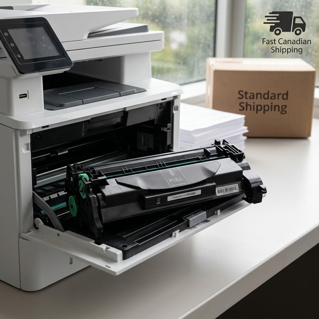 Elevate Imaging compatible CF226A toner cartridge being installed into a white laser printer.