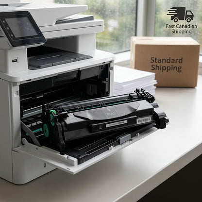Elevate Imaging compatible CF226A toner cartridge being installed into a white laser printer.