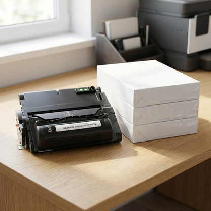 Elevate Imaging HP Q5942X compatible toner cartridge on a desk beside three reams of paper for scale.
