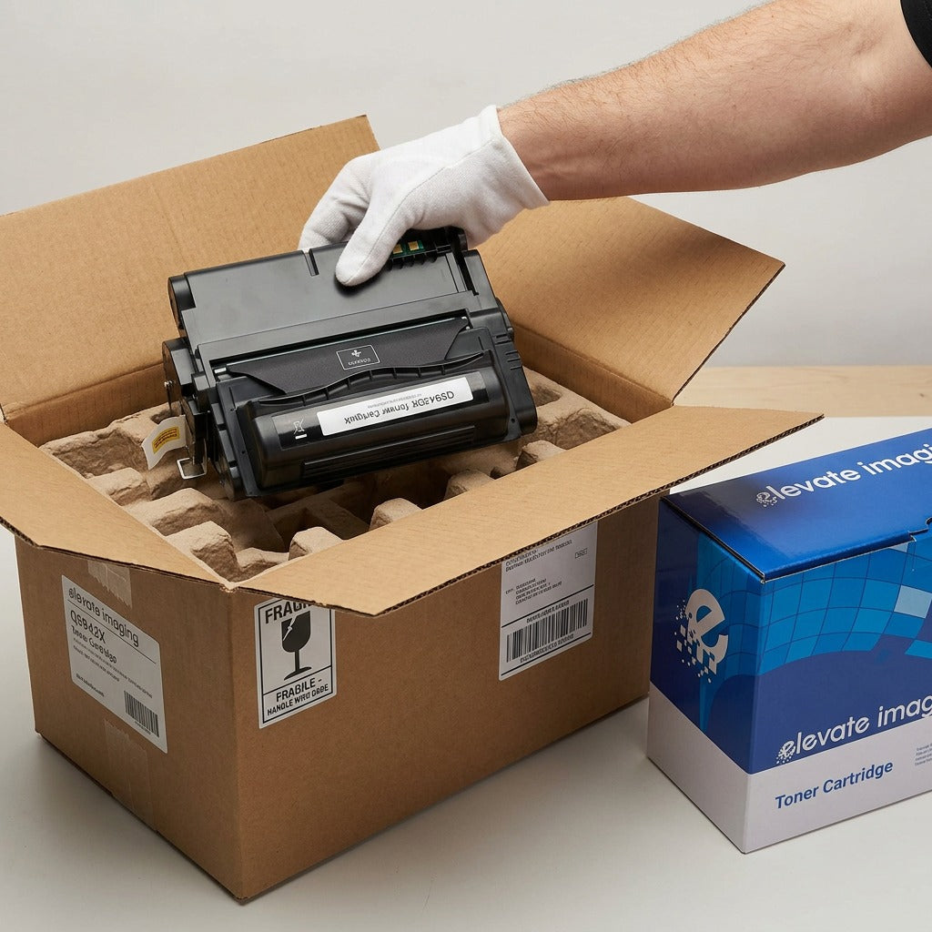 A gloved hand removes an Elevate HP Q5942X toner from secure, molded protective shipping packaging.