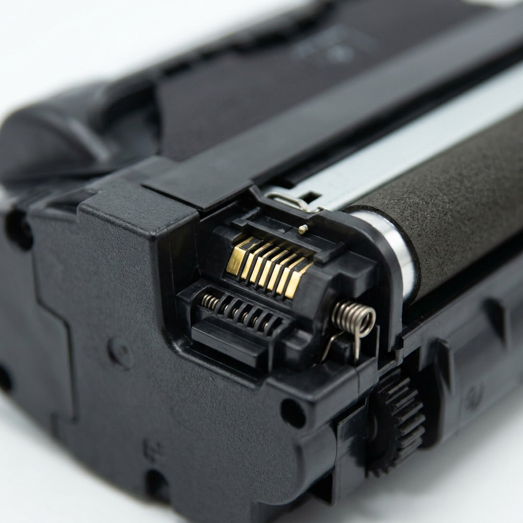 Macro detail of the gold contact pins and developer roller on the Elevate Imaging HP Q5942X toner.