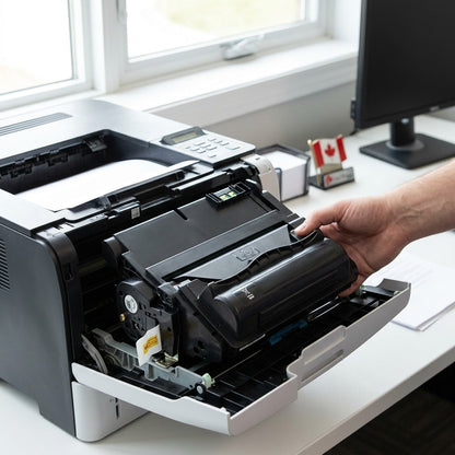 A person installs an Elevate Imaging HP Q5942X compatible toner cartridge into a laser printer.