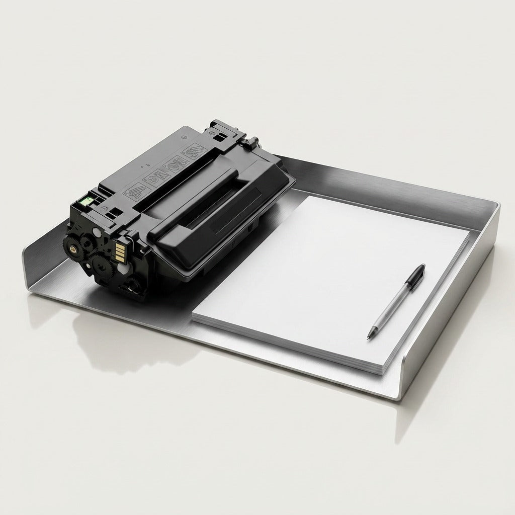 Elevate Imaging HP 55X (CE255X) toner cartridge on a metal desk tray next to paper and a pen.