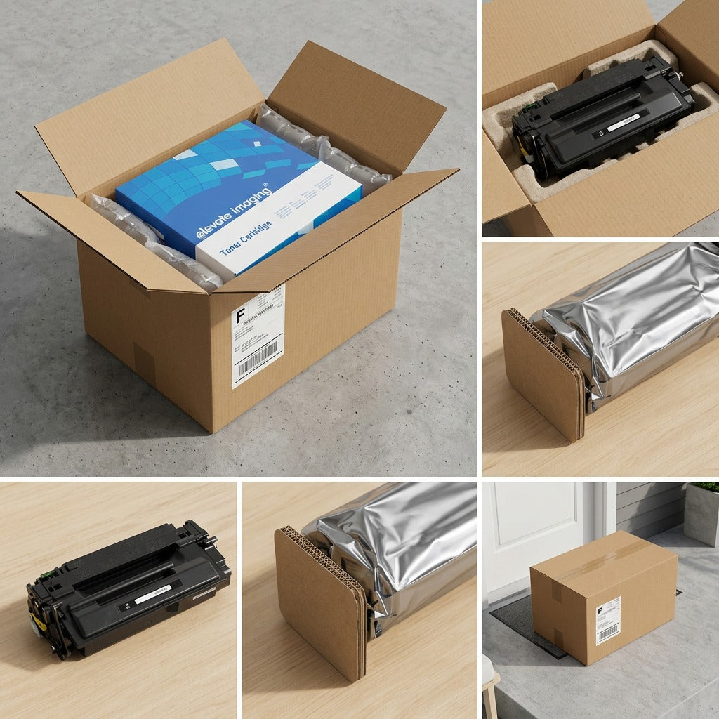 A collage showing the secure unboxing of an Elevate Imaging HP 55X CE255X black toner cartridge.