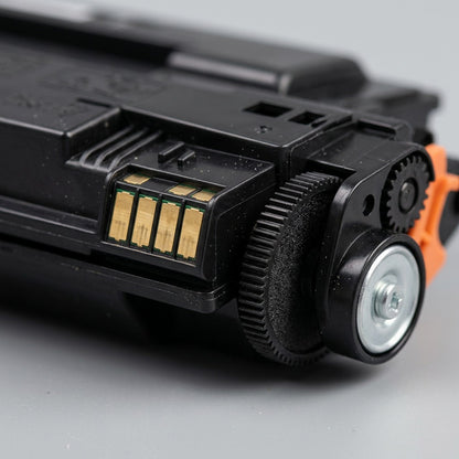 Macro detail of Elevate Imaging HP 55X (CE255X) toner cartridge showing copper contacts and gears.