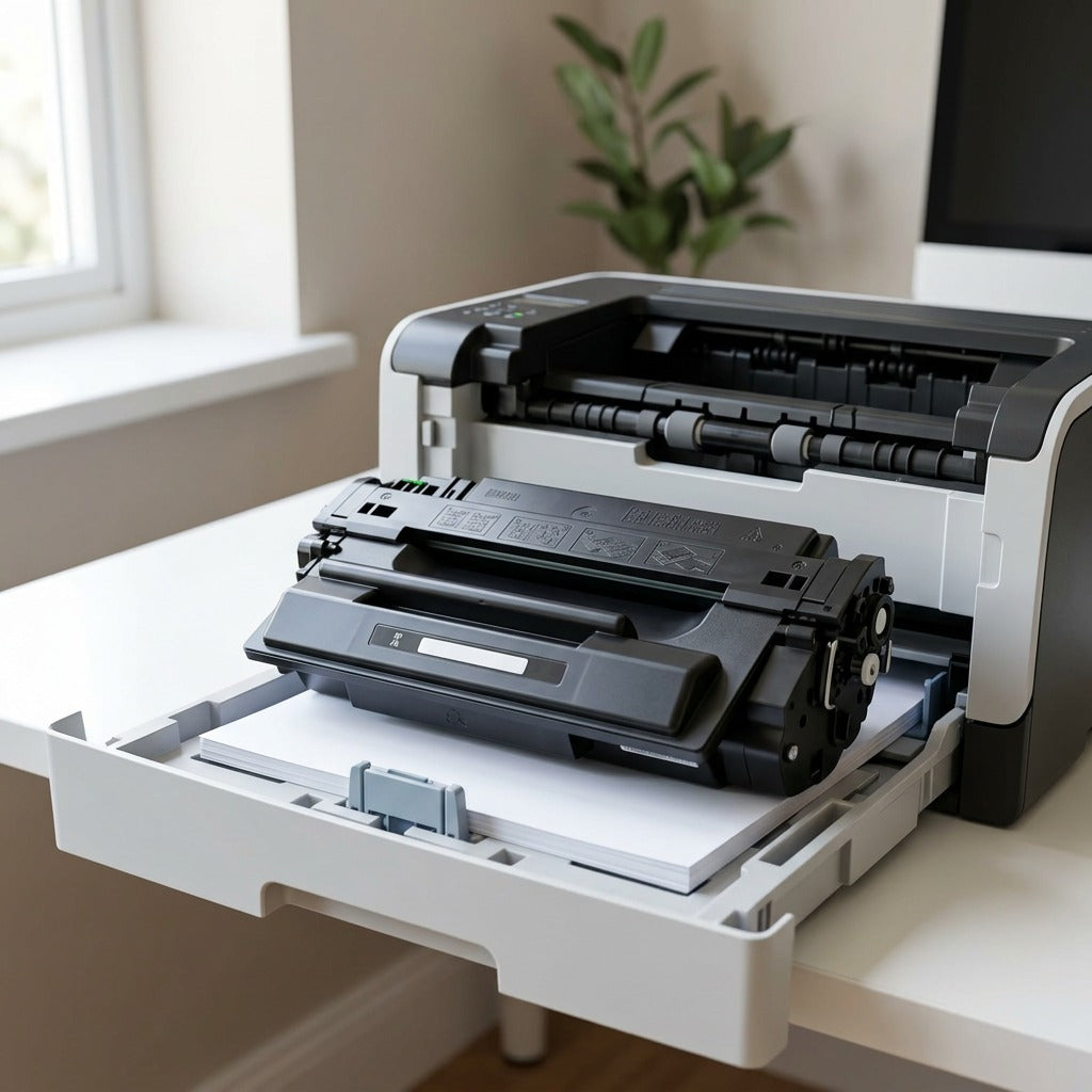 An Elevate Imaging HP 55X CE255X compatible black toner cartridge resting on an open printer tray.